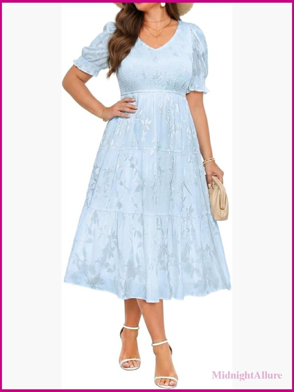 Plus Size Floral Smocked Puff Sleeve Midi Dress Wedding Guest